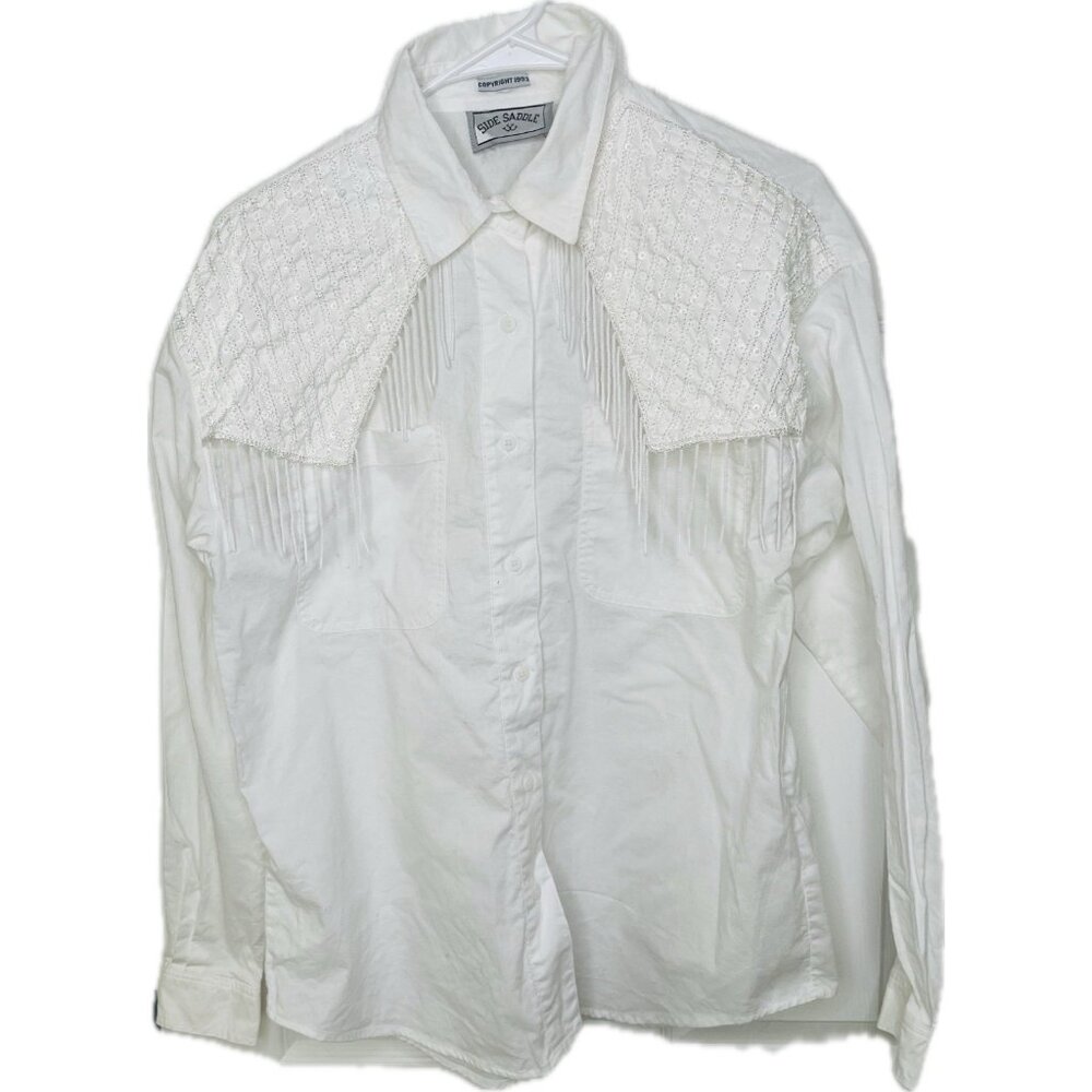 Vintage Women’s Side Saddle Beaded Rodeo  Western Shirt Beaded M White 90s
